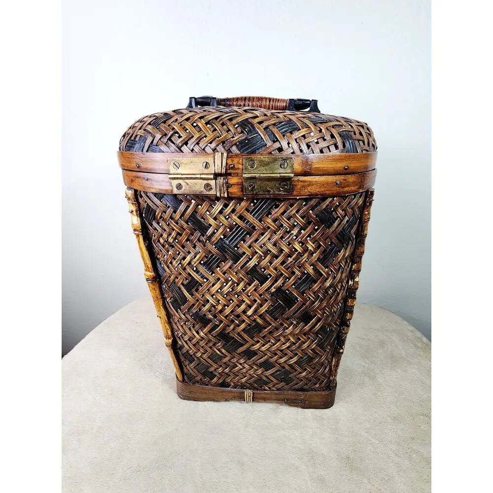 Woven Rattan Lidded Large Basket w/ Lid Brass Accent Asian Inspired 80s Vintage